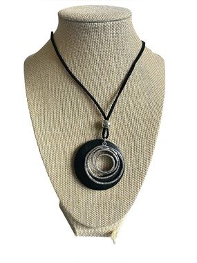 Boho Style Silver and Black Pendant Adjustable Corded Necklace